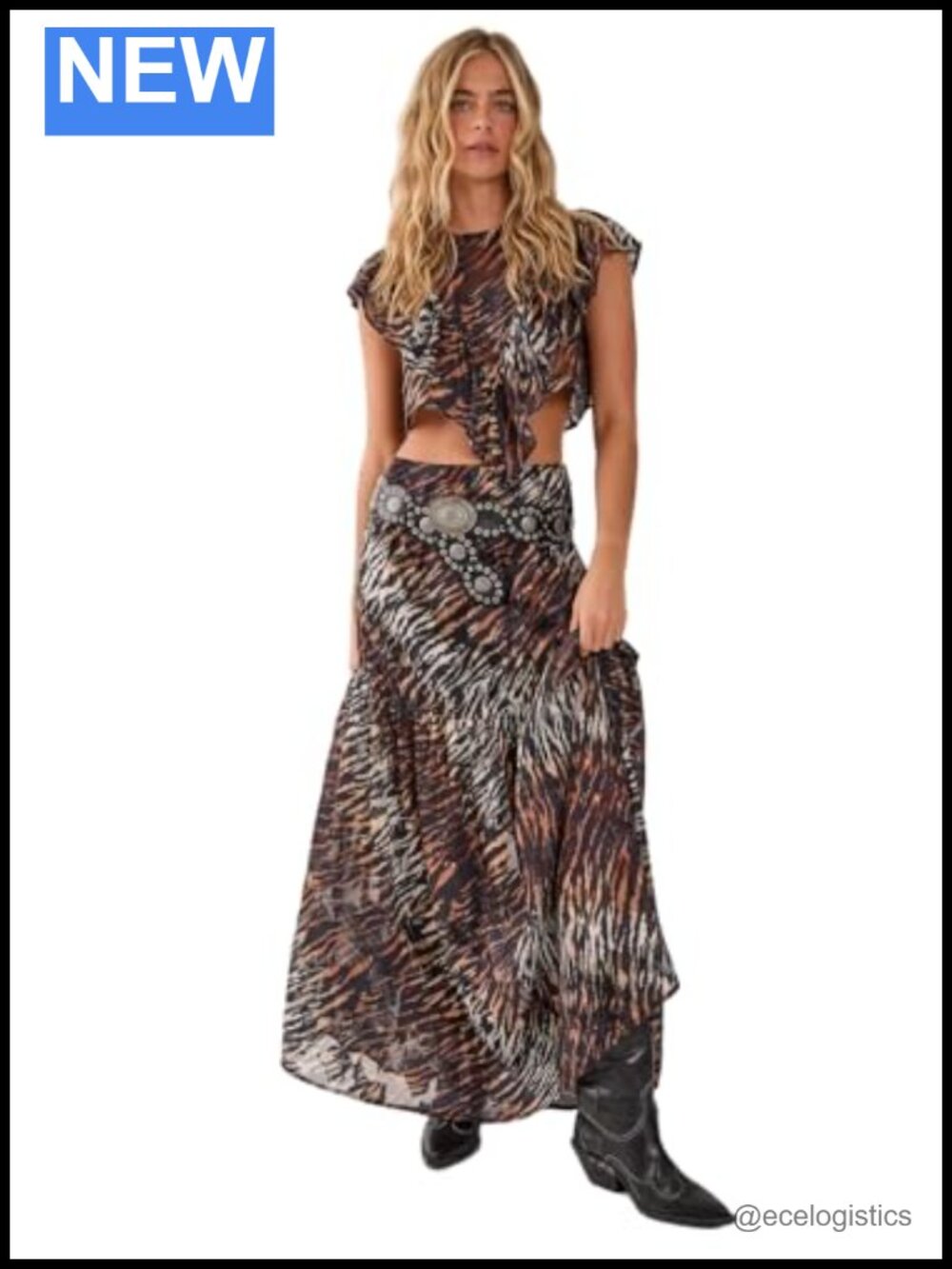 Animal Burnout Tiered Maxi Skirt Polyester High Rise